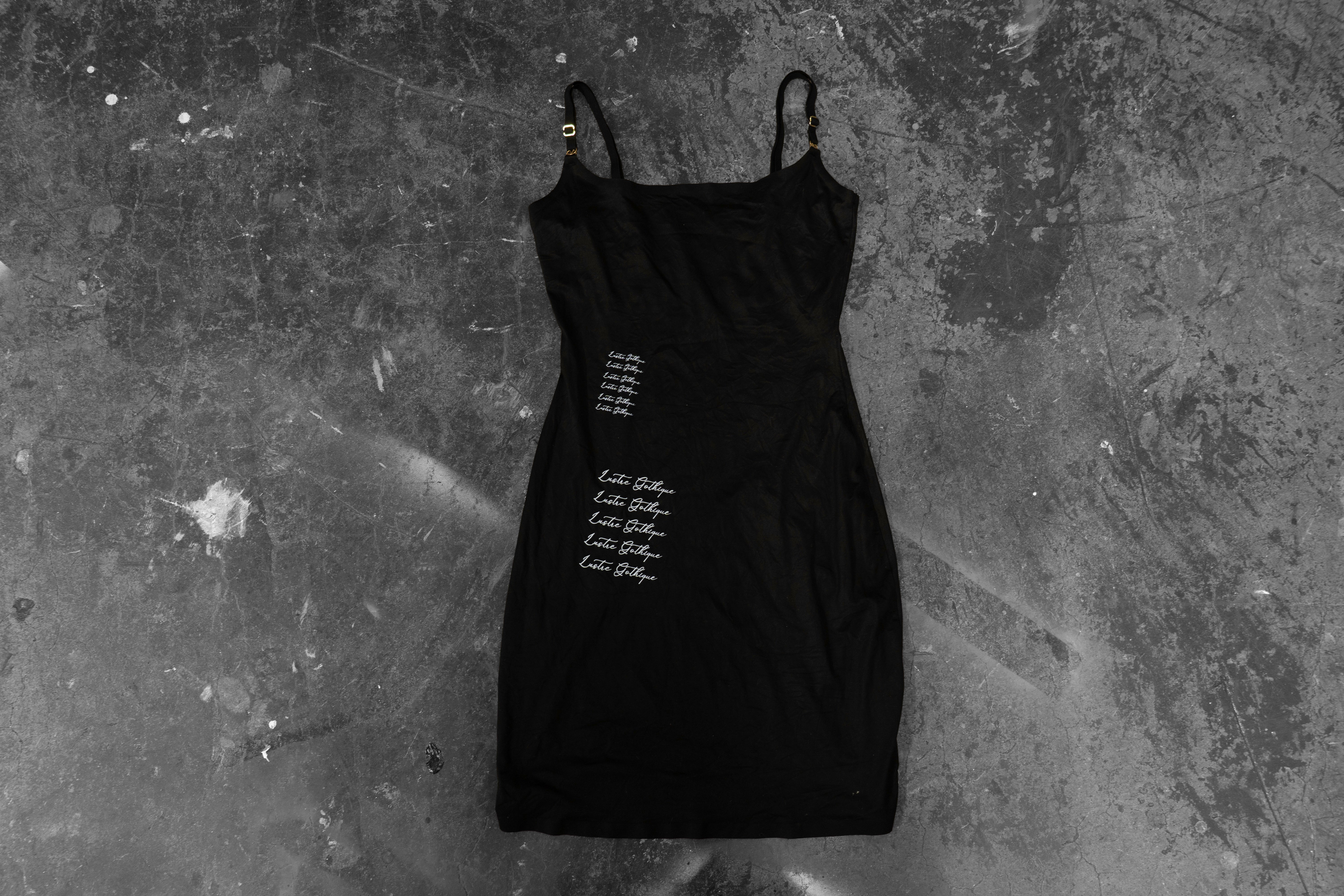 LUSTREGOTHIQUE — BLACK STRUCTURED SLIP DRESS WITH SCRIPT DETAIL
