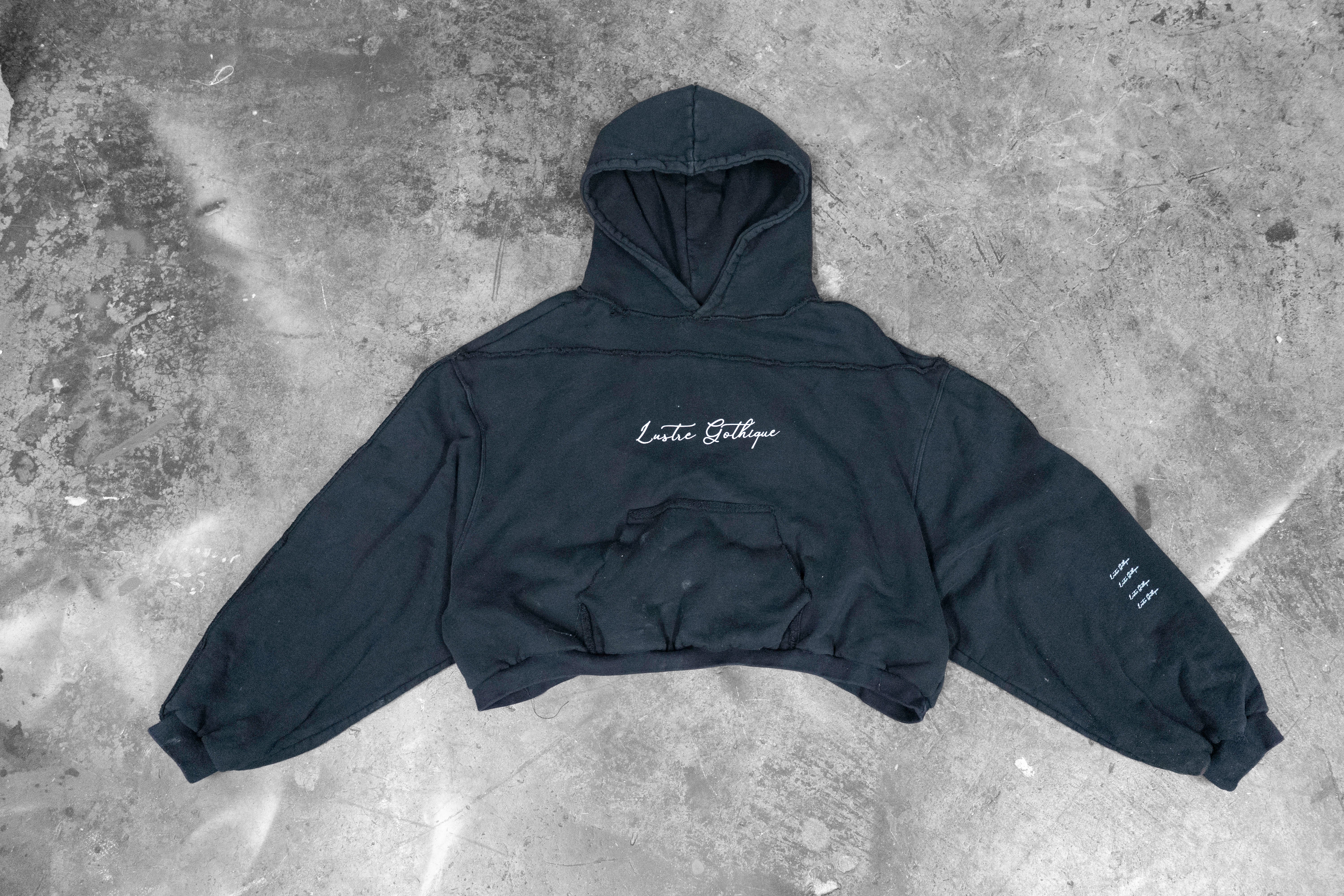 LUSTREGOTHIQUE — CROPPED DISTRESSED HOODIE WITH PANEL INSERT