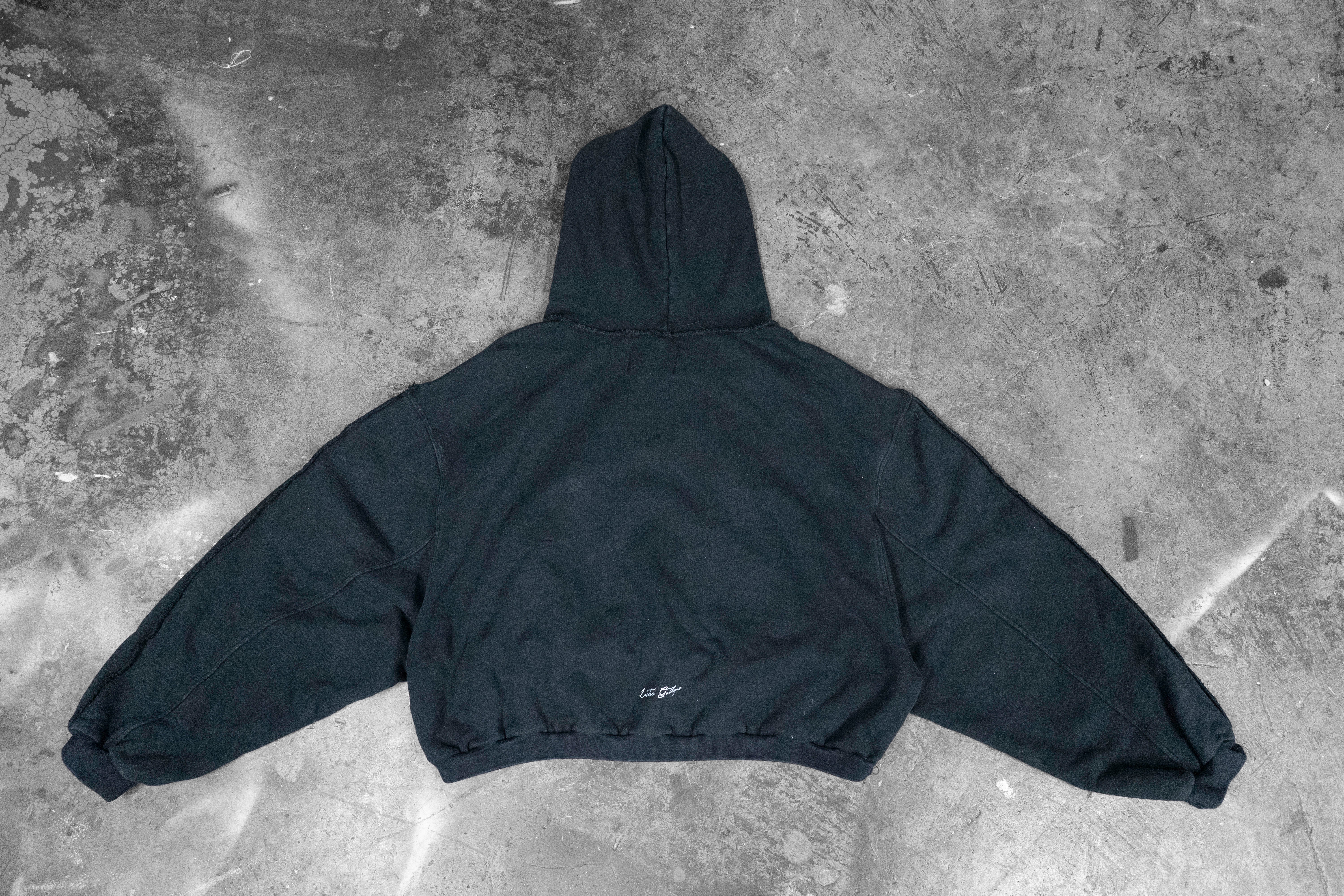 LUSTREGOTHIQUE — CROPPED DISTRESSED HOODIE WITH PANEL INSERT