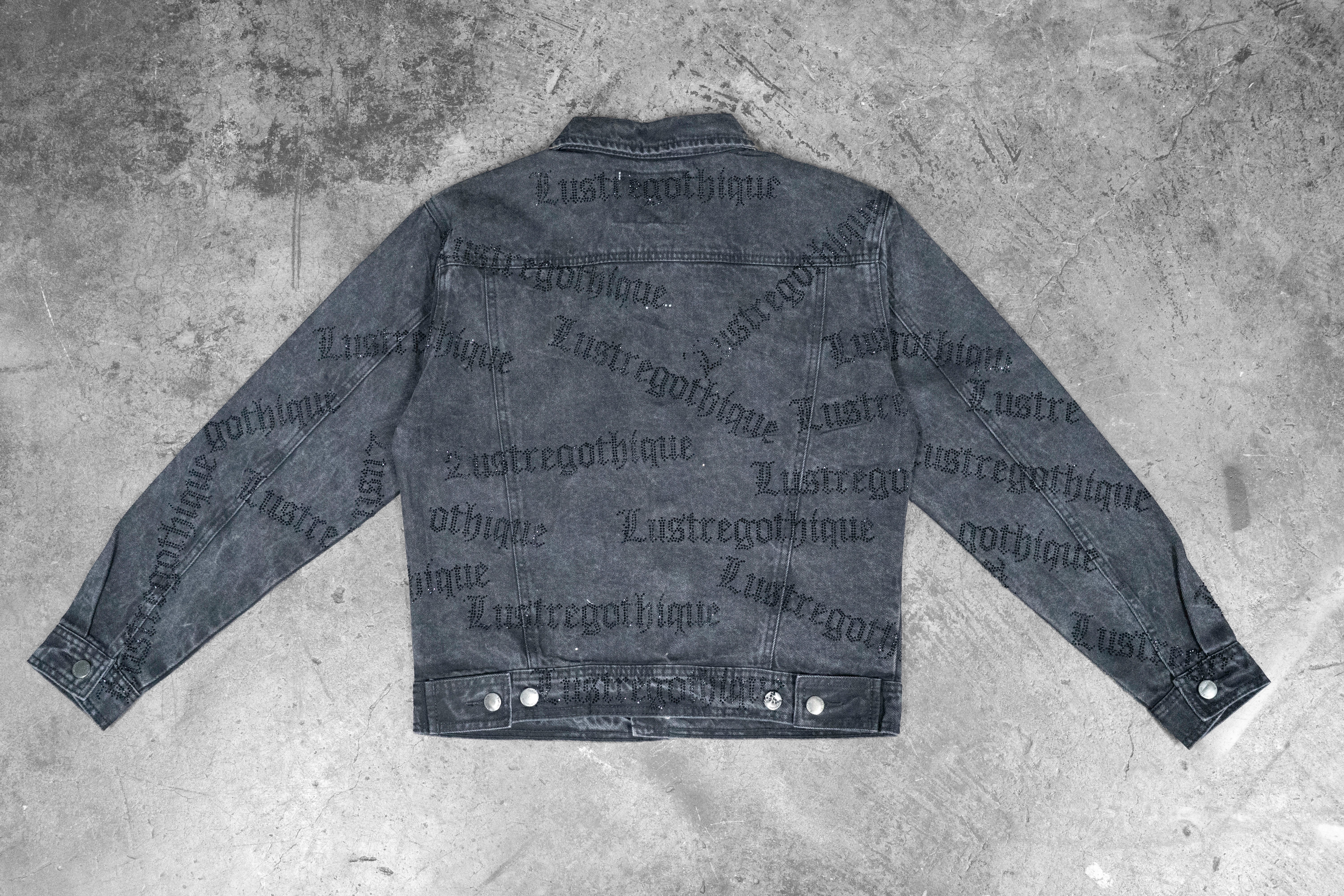 LUSTREGOTHIQUE — BLACK DENIM LOGO MANIA CRYSTAL JACKET (1/1)