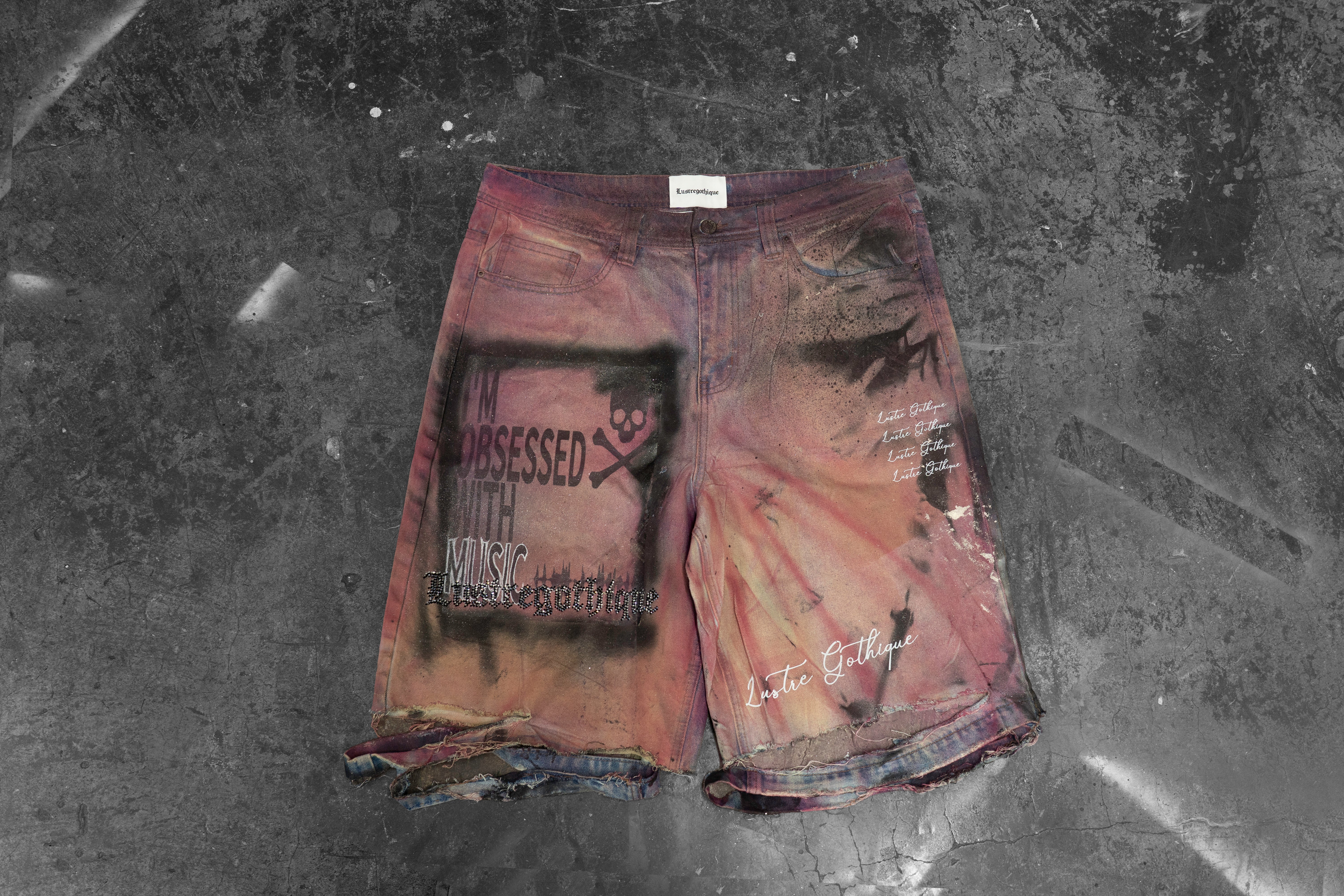 LUSTREGOTHIQUE — DISTRESSED HAND-TREATED PINK DENIM SHORTS